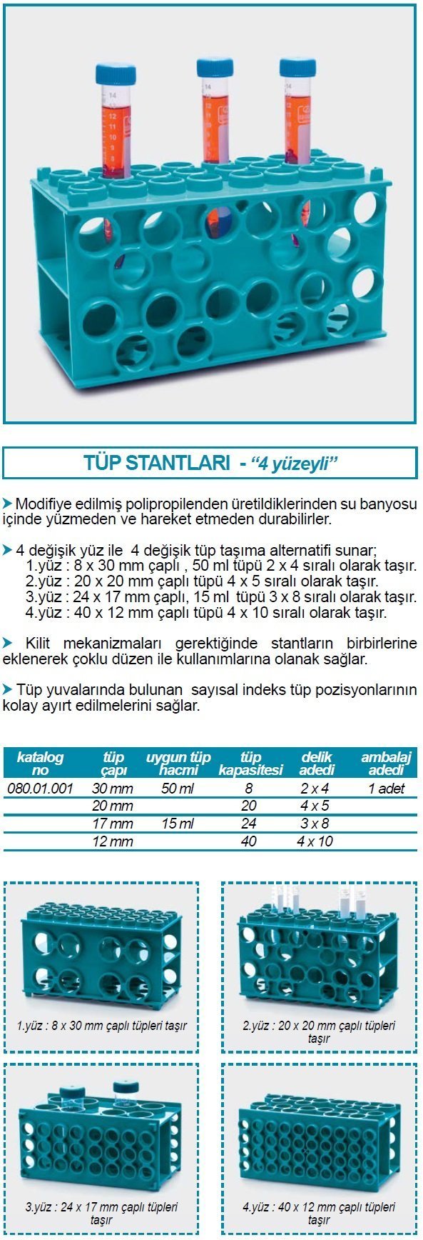 İSOLAB tüp standı P.P - 4 yüzlü